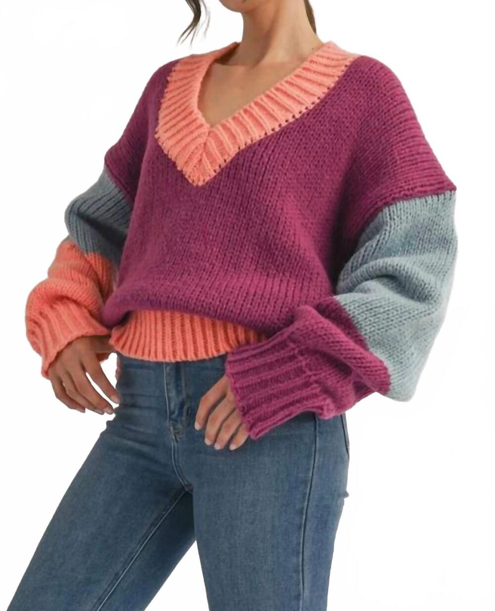 NEW KLESIS color block knit sweater top in magenta
